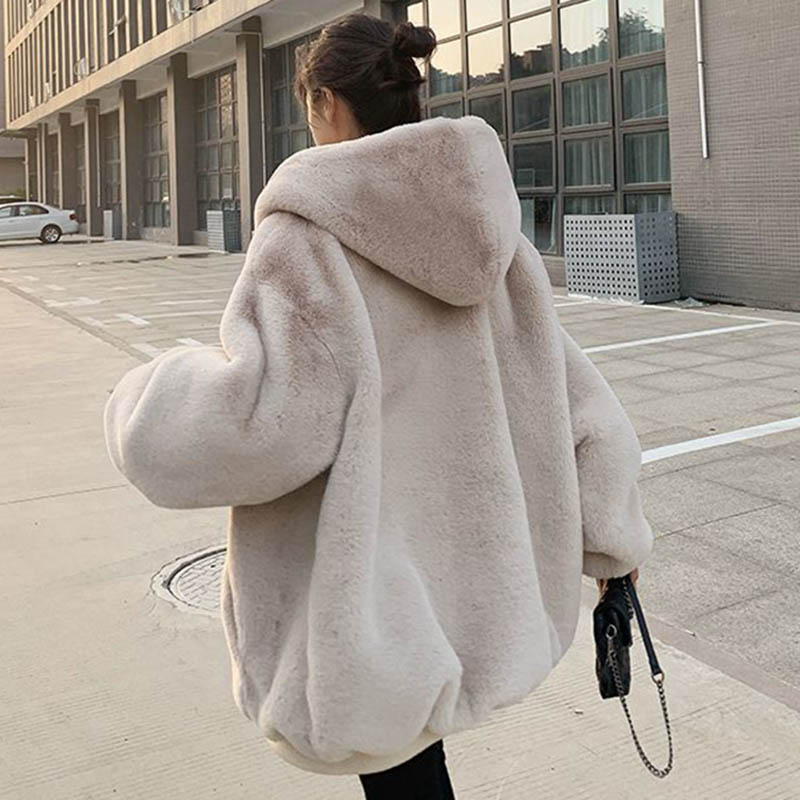 Korean Version of Loose Plush Coat Women's Winter Rex Rabbit Fur Padded Hooded Coat