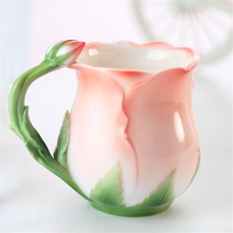 European Style Enamel Ceramic Coffee Mug Creative 3D Rose Flower Shape Teacups Pastoral 4 Colors Breakfast Milk Cups with Spoon