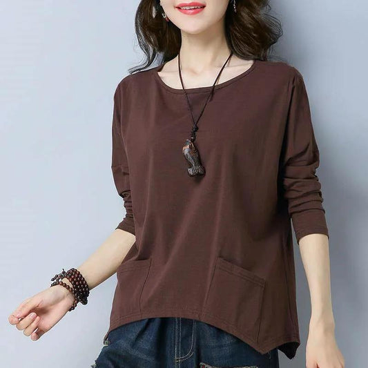 Summer Ladies T-shirt Large Size Long Sleeve Shirt Casual Loose Pullover Solid Color Shirt