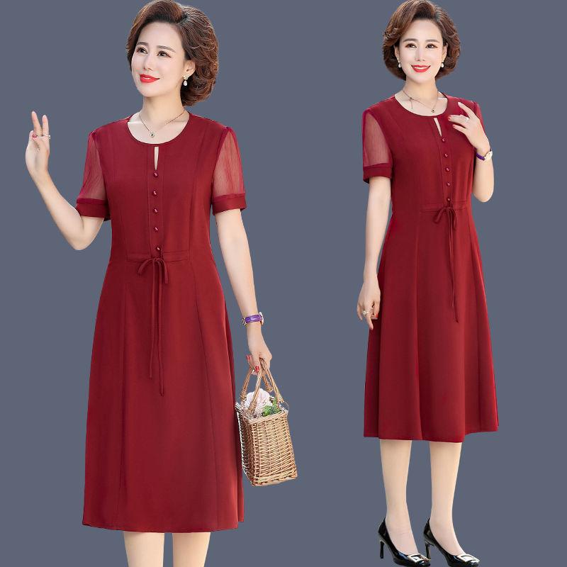 Mid-length L-XXXXXL Women's Summer Dress Chiffon Veil  Round Neck Short Sleeve Solid Color Daily Wear