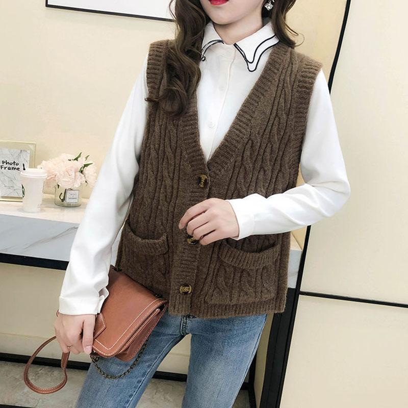 Autumn and Winter Knitted Cardigan Vest with Sleeveless Solid Color Jacket Fashion Casual Women Sweater