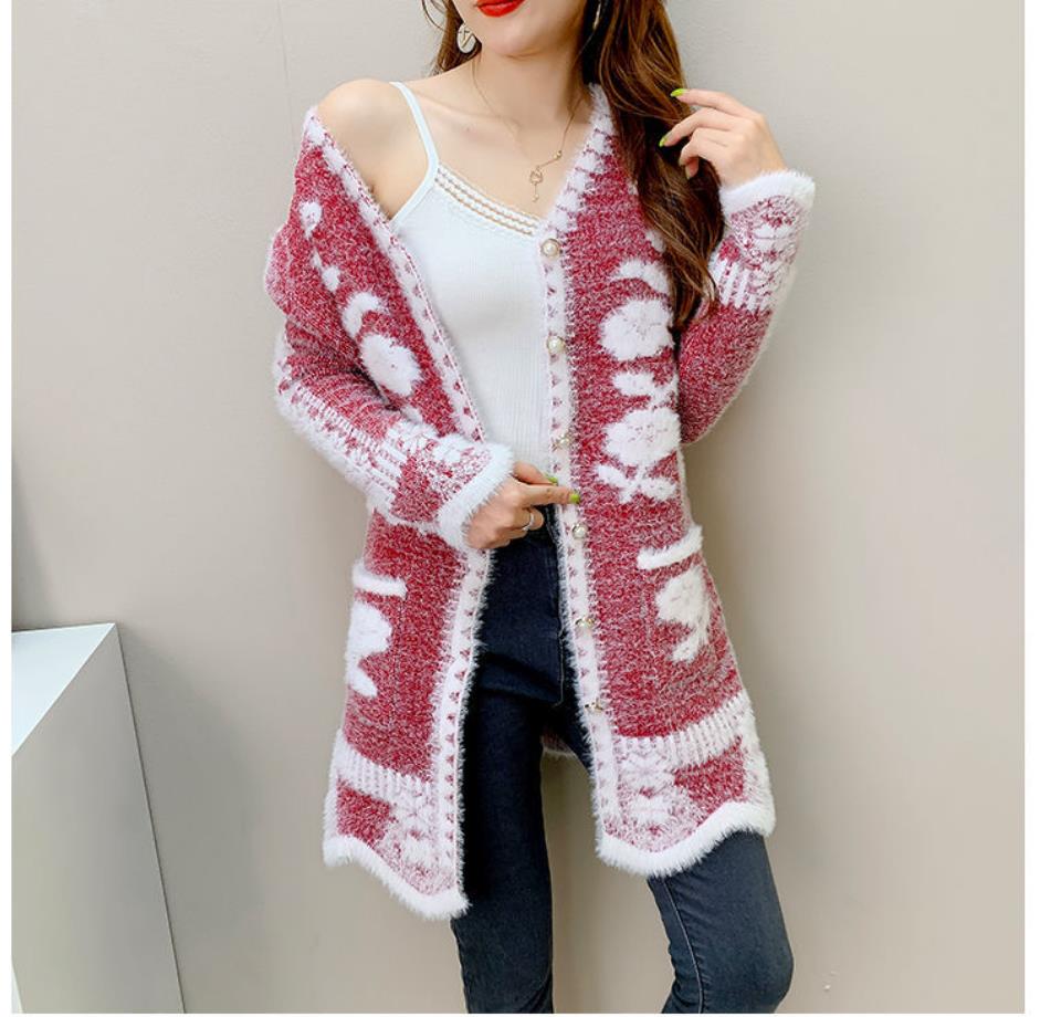 Autumn and Winter Mink Fleece Cardigan Sweater Elegant Temperament Sweater Sexy Mid-length Slim Women's Knitted Top