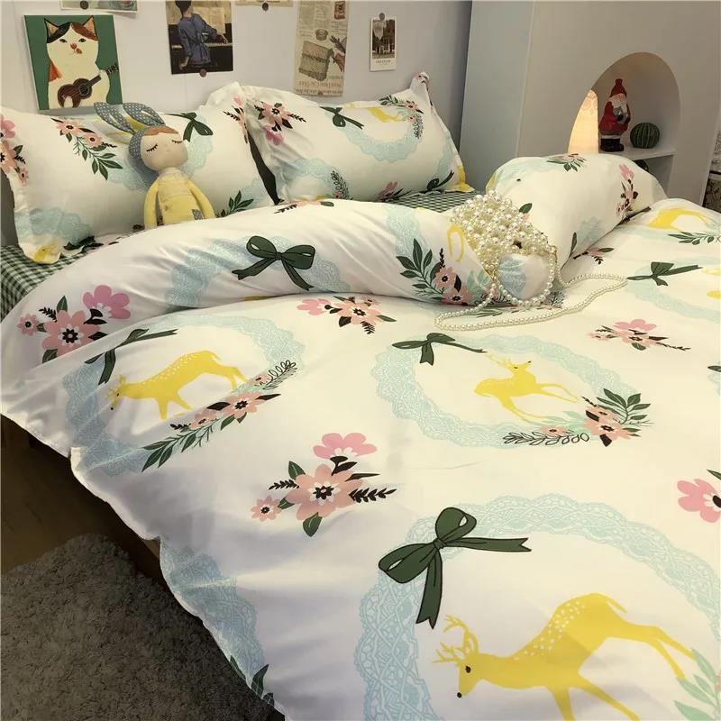 Simple Floral Cotton Bedding, Large Washed Cotton Double Bed Single Quilt Cover Four-piece Set