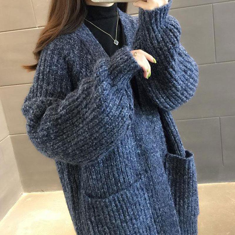 Knit Cardigan Sweater Coat Women Fashion Big Pocket Sweater Large Size Mid-length Loose