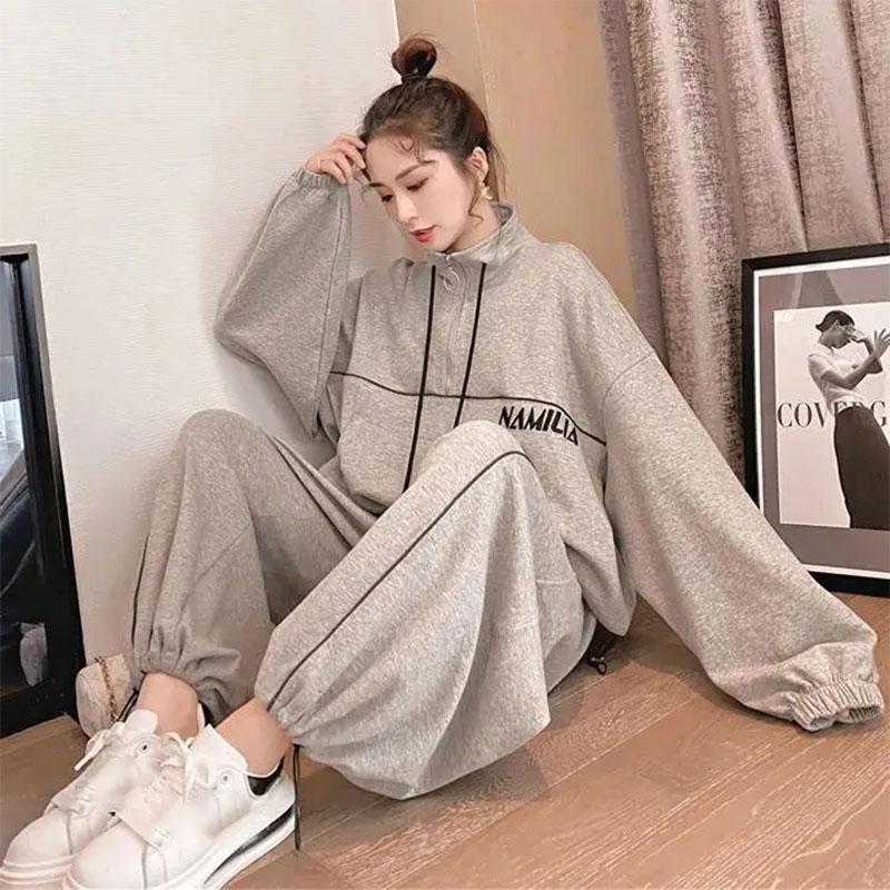 2PCS Women's Casual Sportswear Suit Korean Version Loose Zipper Cardigan + Wide-leg Trousers Two-piece Women's Slimming Fitness Suit