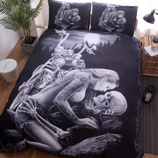 3D Black Motorcycle Skull Printed Duvet Single Bedclothes Cover Set