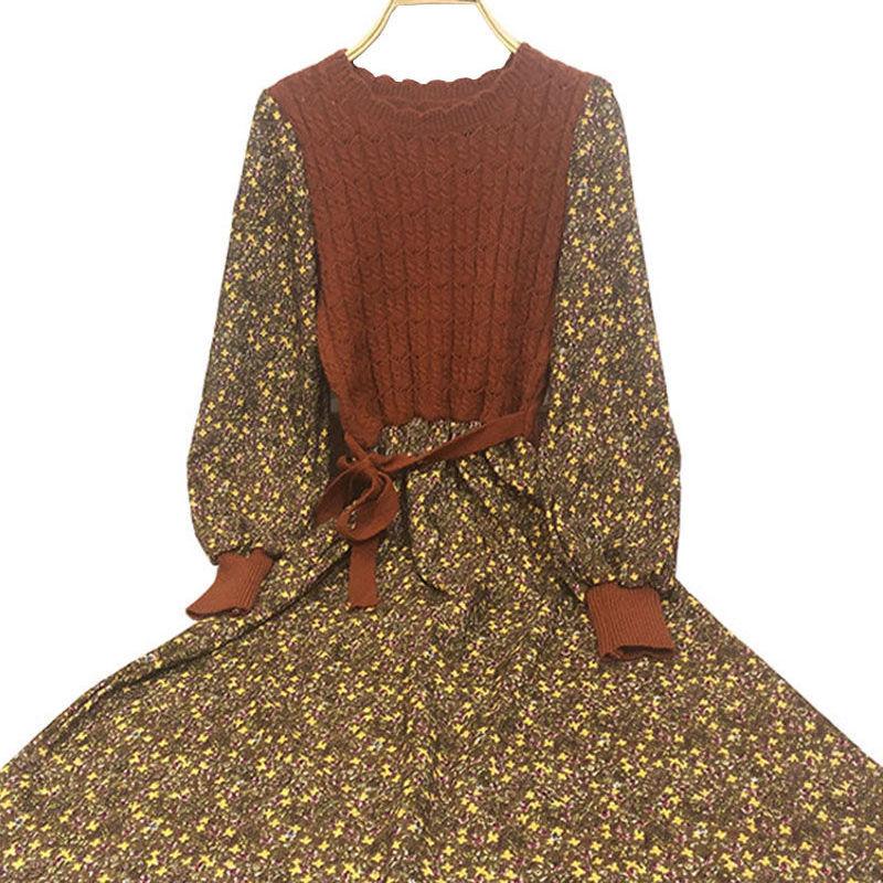 Autumn and Winter Women's Dress Stitching Knitted Long dress A-line Corduroy Floral Dress