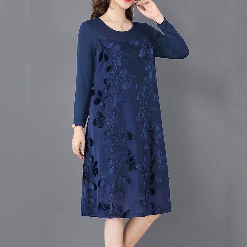 Women Solid Color Print Long Sleeve V-neck Dress Spring and Autumn Large Size Loose Knee-length Size L-XXXXXL