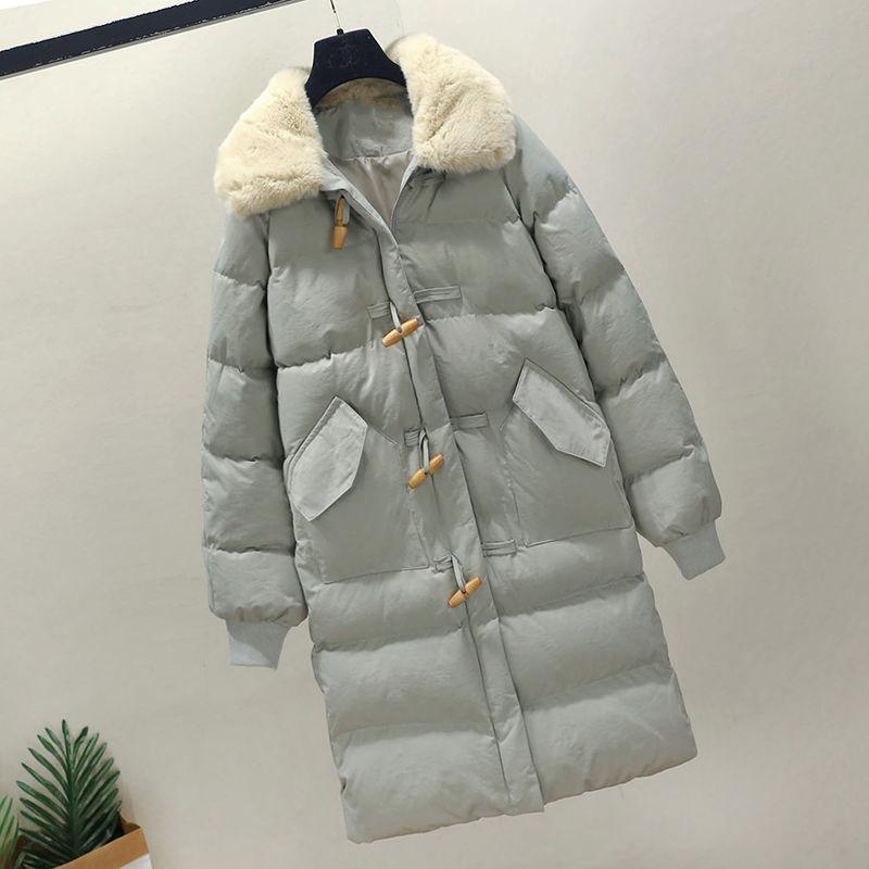 Autumn and Winter Horn Button Cotton Jacket Women's Mid-length Slim Down Jacket with Fleece Collar Winter Warmth Thick Cotton Jacket