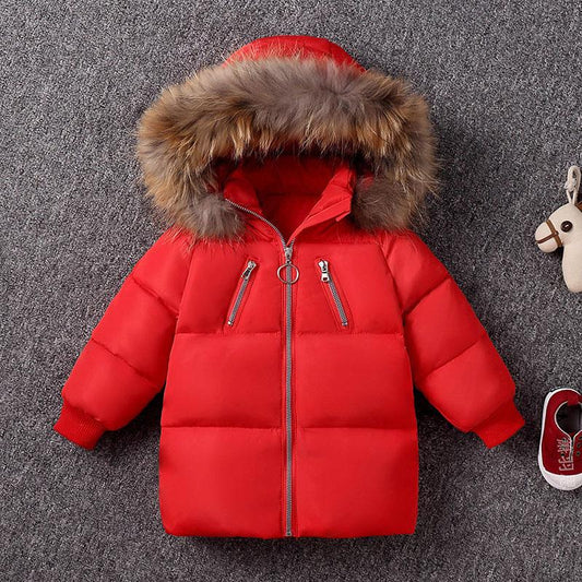 White Duck Down Girls Down Jacket Mid-length Thick Down Jacket Fur Collar Hooded Jacket