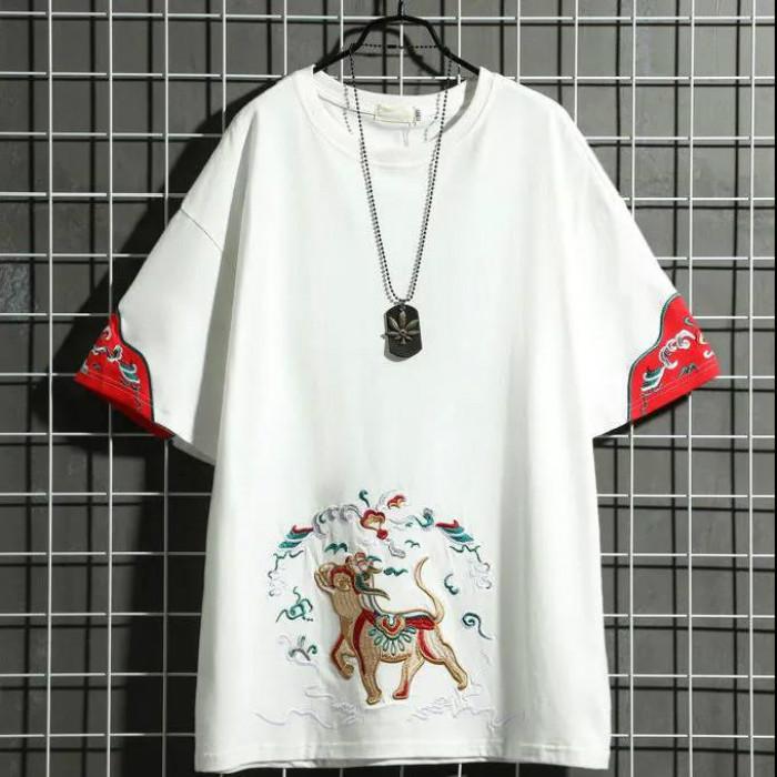 National Tide Ancient Style Animal Embroidery Short-sleeved T-shirt Male Ins Tide Couple Student Hip-hop Half-sleeved T-shirt