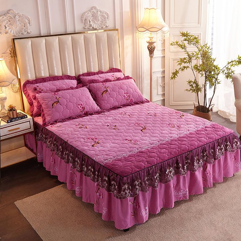 Thickened Plus Velvet Quilted Bed Skirt with Lace Edge Bedspread Non-fleece Winter Warm Crystal Velvet Four-piece Suit