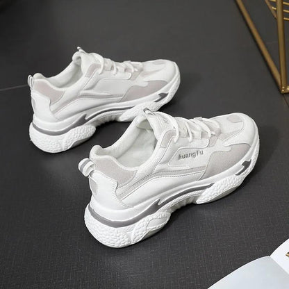 Leather Sports Shoes Breathable Net Shoes Spring and Autumn Female Students' Casual Board Shoes Thick Soles Large Soles Comfortable Shoes White Shoes