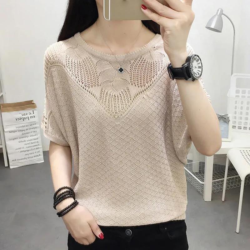 Short Sleeve T-Shirt Ladies Top Summer Women's Trend Design Doll Sleeve Ice Silk Knit Sweater