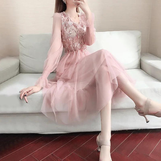 Female Vintage High Waist Super Fairy Holiday Splicing Dress Elegant Slim Chiffon Pleated Long Party Dress