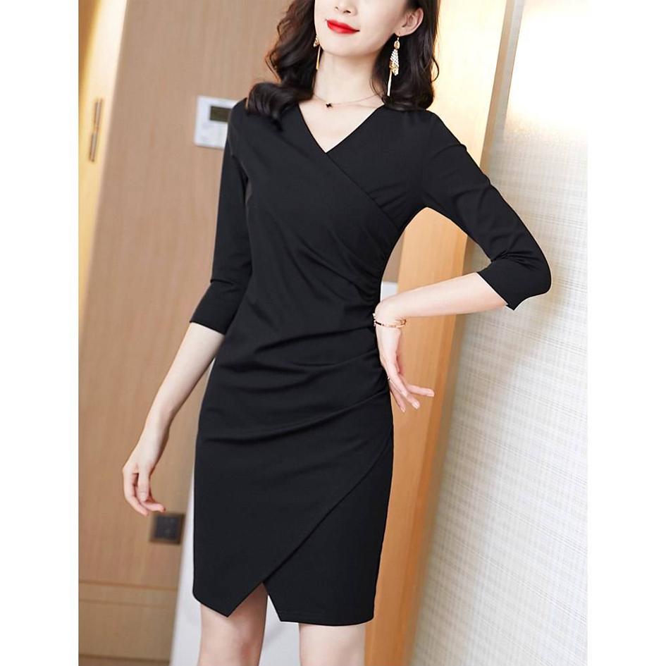 Summer Women V Collar Slim Long Sleeve Occupation Dress Temperament Occupation Tight Dress Vestidos