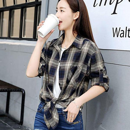 Bow Striped Retro Plaid Long Sleeve Shirt Women's Loose Large Size Mid Length Cardigan Shawl