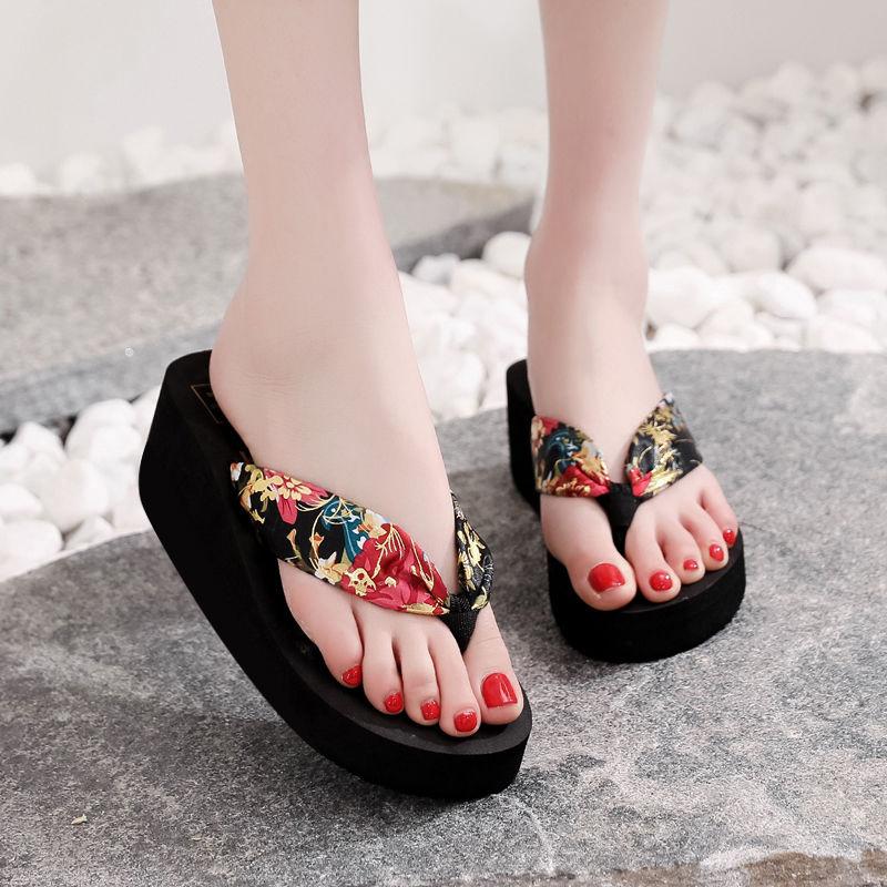 High-heeled Platform Flip-flops Women Summer Korean Version  Non-slip Slope Heel Beach Shoes Wear Women's Sandals  Slippers