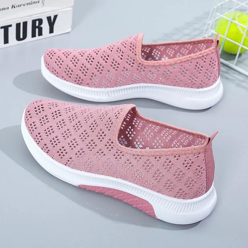 Summer Hollow Out Breathable Slip-on Flat Shoes Women's Fly-woven Mesh Shoes Middle-aged Elderly Non-slip Flat Mesh Shoes