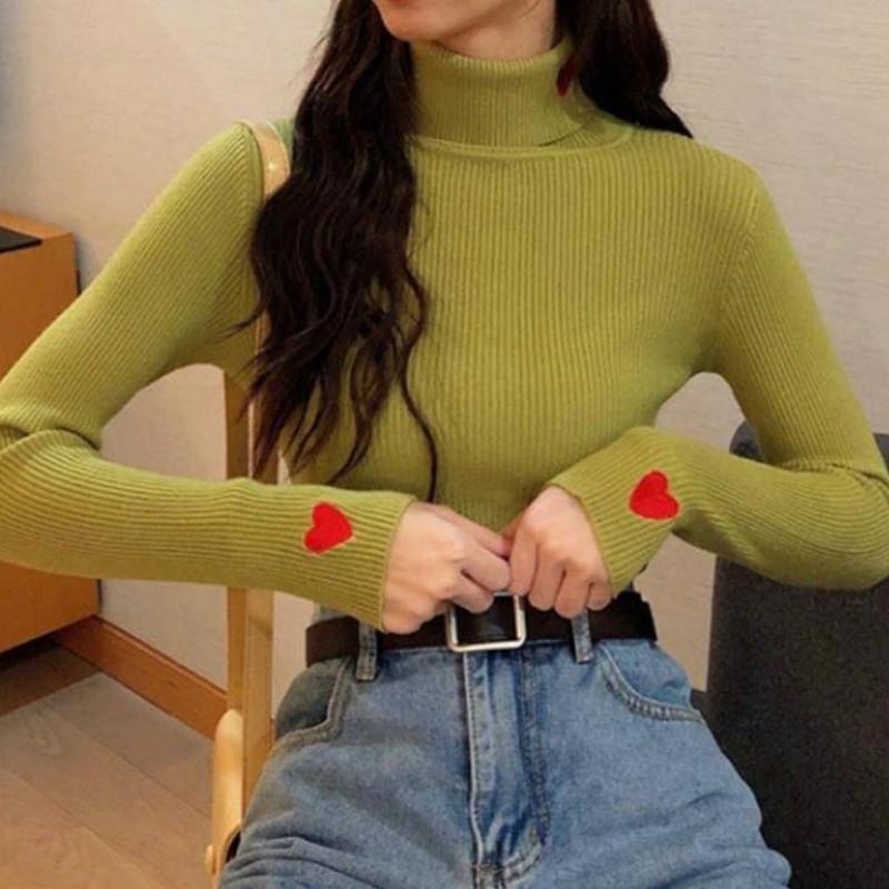 Pofulove Turtleneck Embroidered Skinny Sweater Women Long Sleeved Slim Wild Pullover Sweater