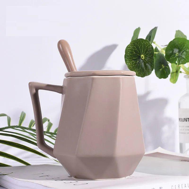 Mug Simple Polyhedron Geometric Cup Ceramic Covered Spoon Coffee Cup Couple Cup Drinking Water Mug Nordic Style