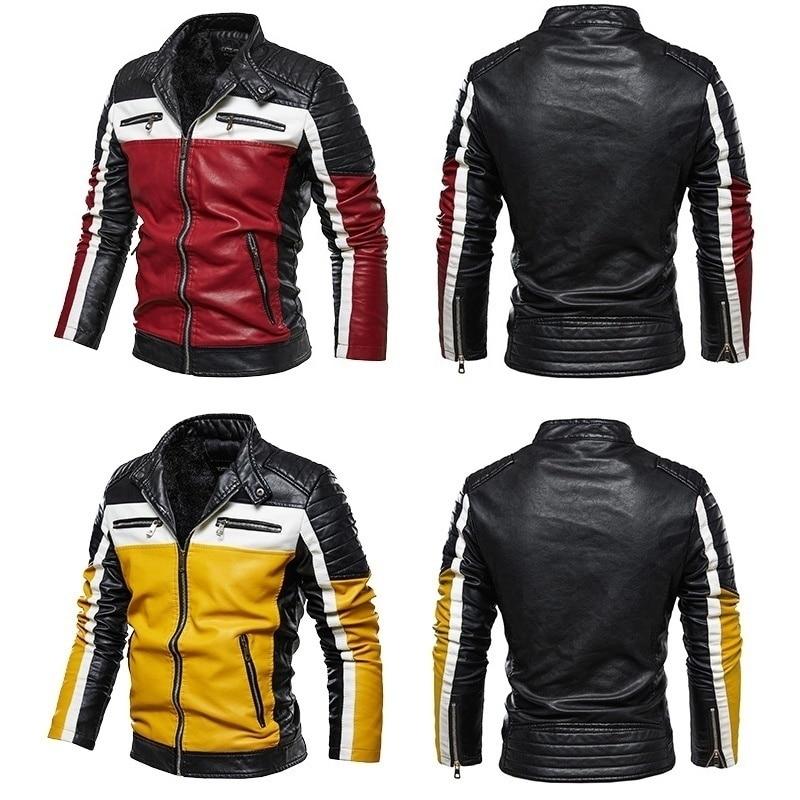 Men Yellow Leather Jacket Patchwork Biker Jacket Men Casual Zipper Coat Men Motorcycle Jacket Slim Fit Fur Lined Outwear Coat