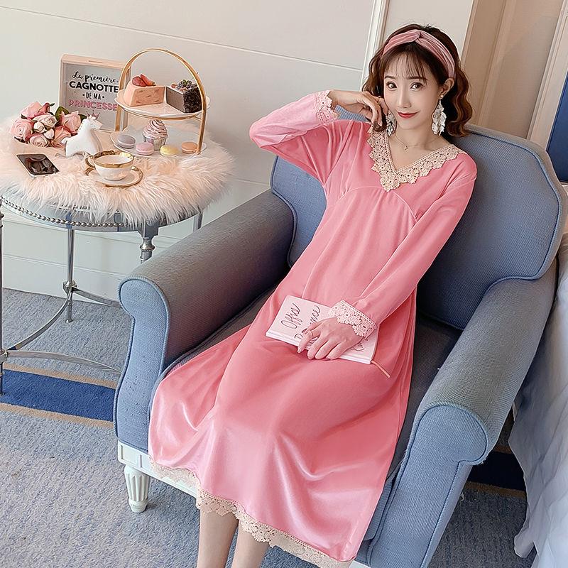 Nightdress Female Gold Velvet Fabric Soft Sexy V-neck Long Skirt Long Sleeve Lace Pajamas Female Spring Mid-length Luxury Autumn and Winter