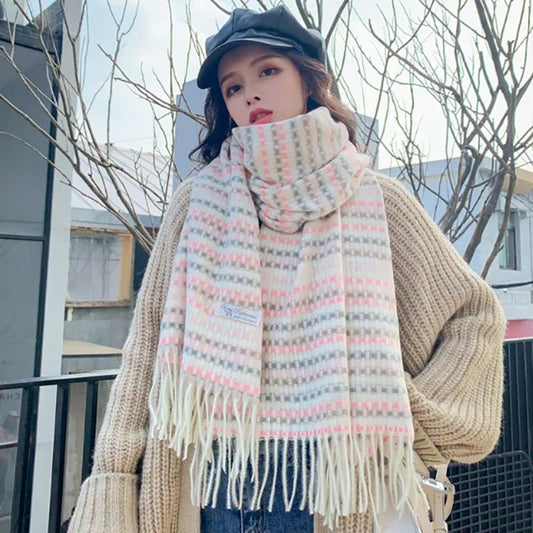 Korean Version of Plaid Scarf Women Winter Wild Shawl Thickened Scarf Cute Girl Heart Scarf