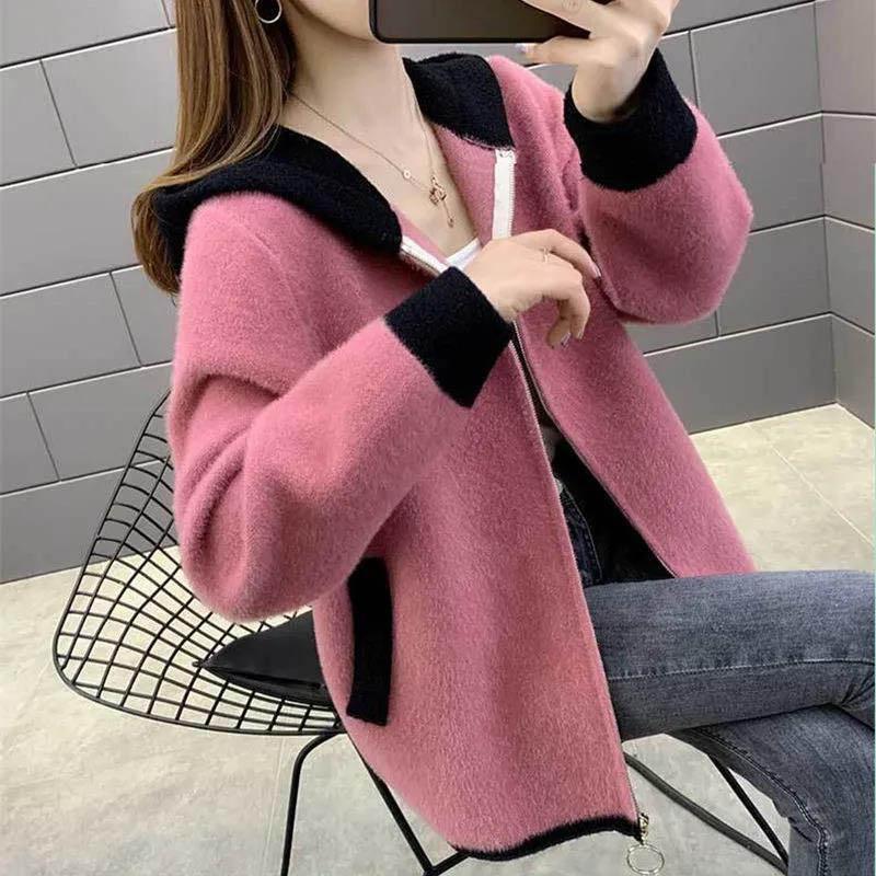 WTEMPO Reversible Fleece Jacket Fall/Winter Loose Lazy Women's Zipper Stitching Hooded Sweater Women