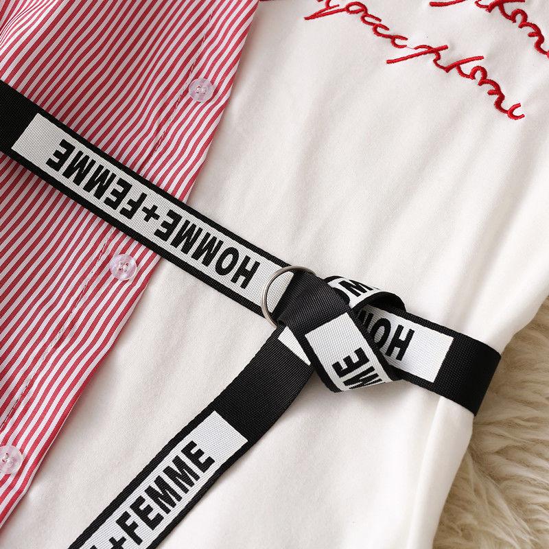 Women Summer Dress Vintage High Waist Short Sleeve Casual Dress Elegant Loose Letter Embroidery Irregular Stripe Stitching Dress with Belt