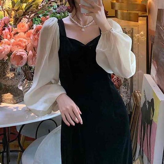 Women's Autumn and Winter Long Velvet Dress Female Vintage Elegant Long Sleeve Slim Party Dress