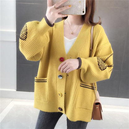 Women's Embroidered Knit Cardigan Loose Mid-length Knitted Sweater Coat Fashion