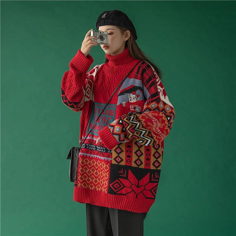 Turtleneck Sweater Female New Year Christmas Wind Red Bear Loose Outside Wear Autumn Winter Retro Knitted Pullovers