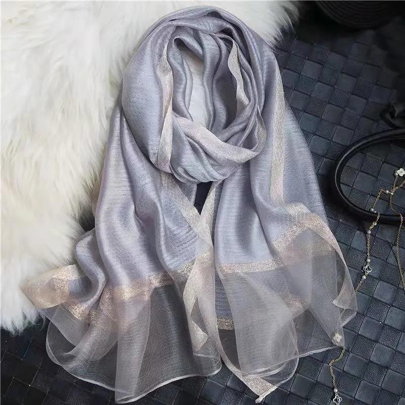 Women's Autumn and Winter Mulberry Silk Scarf Fine Silk Scarf Pure Color Striped All Match Shawl Warm Gauze Scarves Elegant Wrap Shawl Thermal Scarf