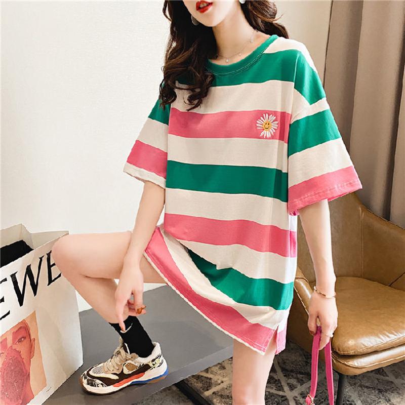 Ice Silk Short-sleeved T-shirt Women Loose Mid-length Tops Round Neck Short-sleeved Mid-length T-shirts Ladies Loose Casual T-shirts