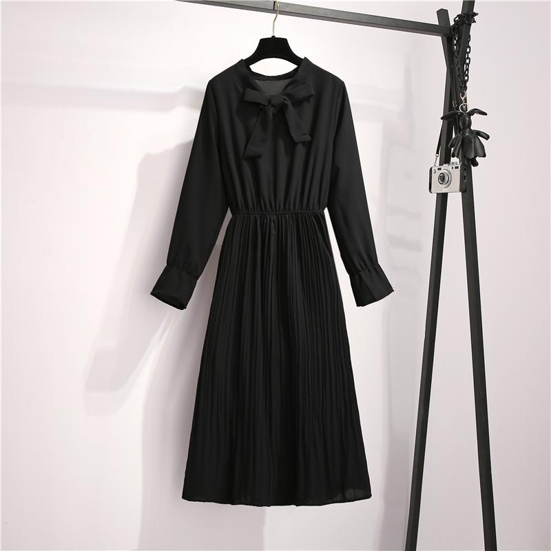 Female Simple Elegant Base Casual Dress Slim Bow V-neck Pleated Vintage High Waist Holiday Dress