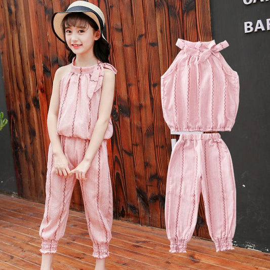 Girls' Suit Summer Thin Korean Vertical Stripe Printing Two Piece Set Bow Top Capris Casual Wear Breathable