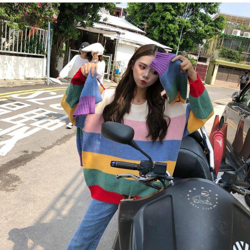 Pofulove Sweet Rainbow Striped Sweater Female Korean Lazy Loose Hit Color Pullover Sweater Coat