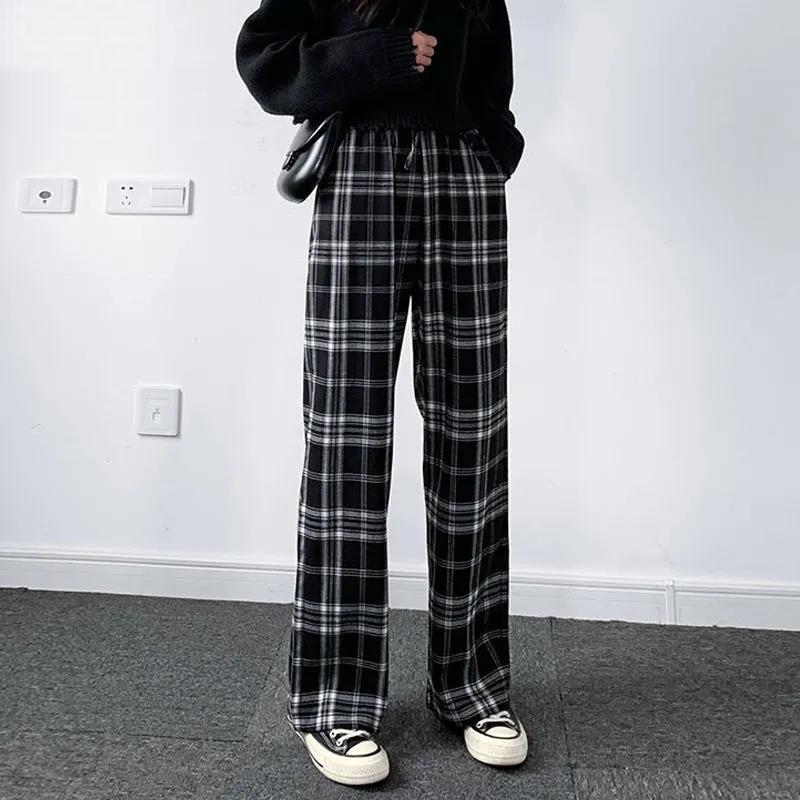 Women Spring Summer Long Pants Vintage High Waist Wide Leg Casual Pants Elastic Waist Loose Plaid Stripe Versatile Streetwear Straight Pants