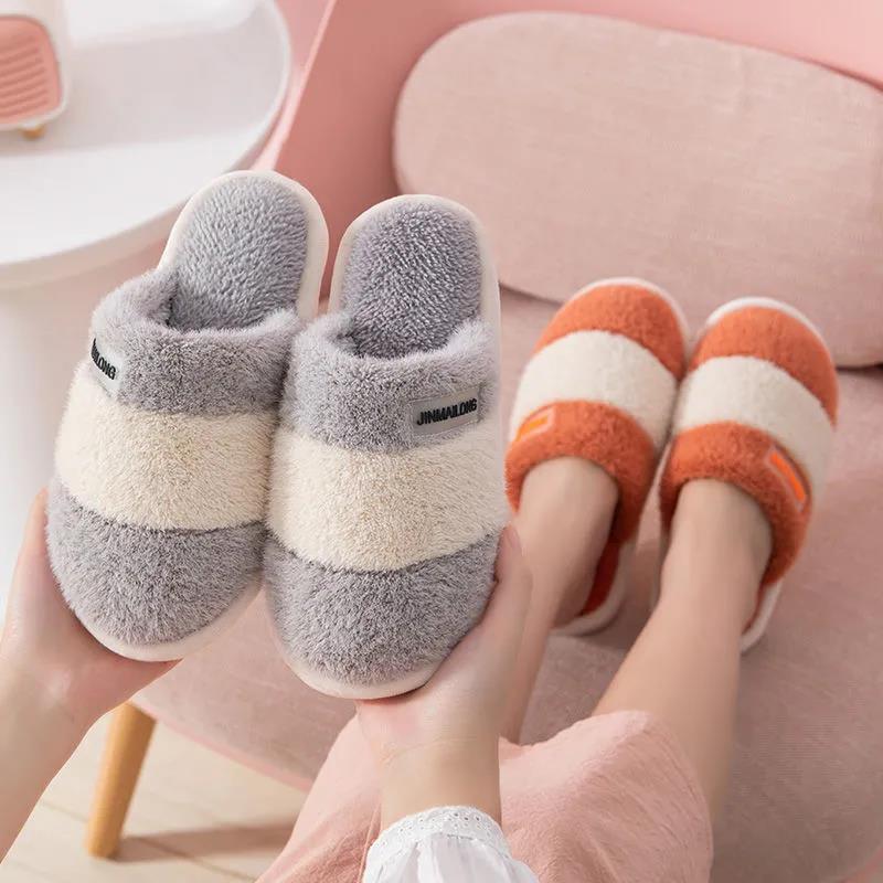 Cotton Slippers for Men and Women Fall/winter Indoor Plus Velvet Padded Non-slip Household Slippers