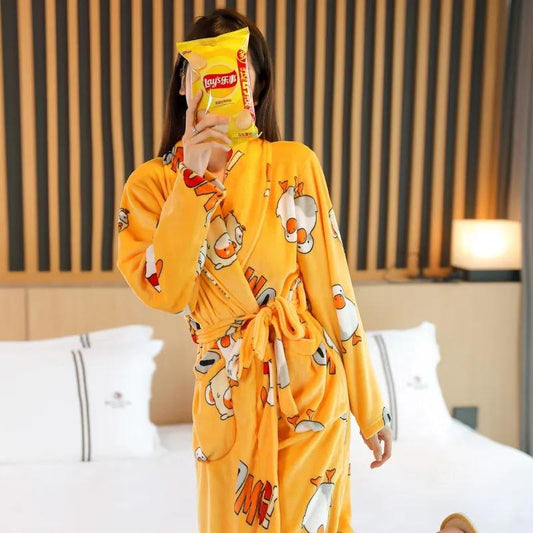 Women's Winter Coral Velvet Pajamas Robe Nightgown Flannel Bathrobe Long Thickened Plus Velvet Nightgown Loose Lace Home Clothes