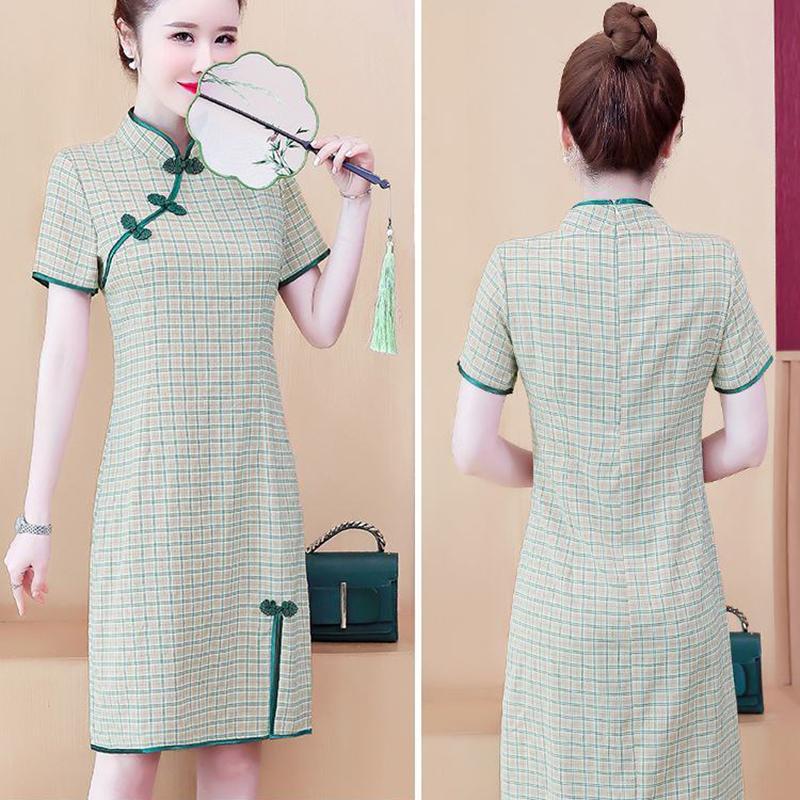 Improved Cheongsam Skirt Dress Large Size Fat Mm Retro Slim Mid-length Plaid Skirt