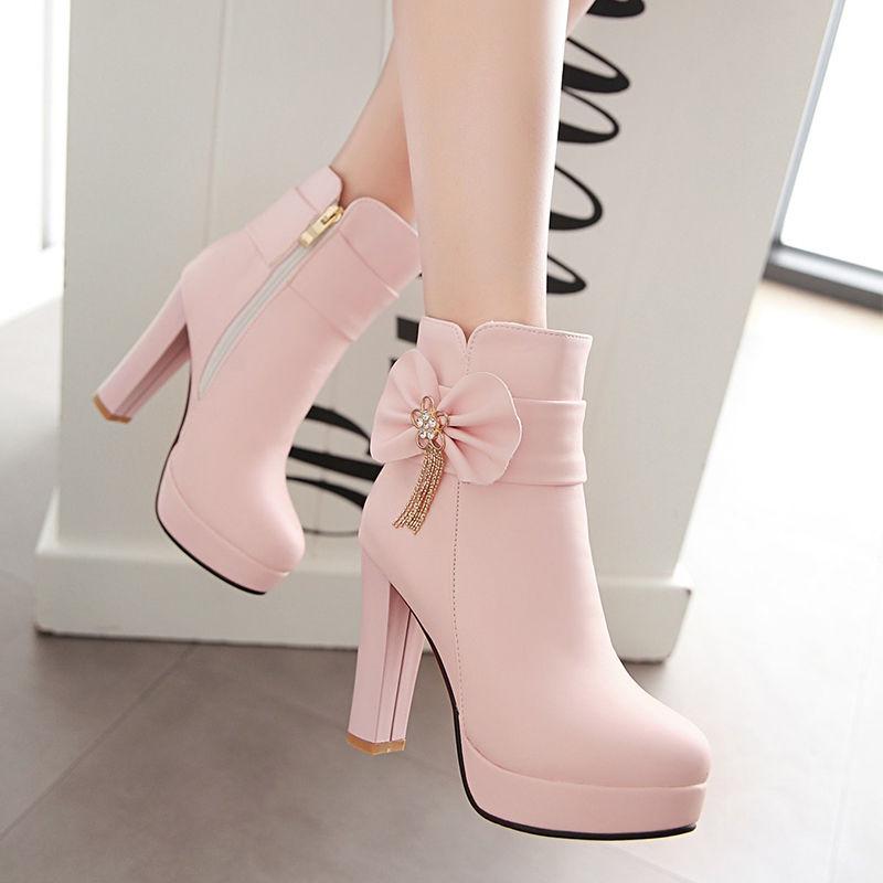 Sweet Ladies Booties Rhinestone Bow Side Zipper High Heel Ankle Boots Female Winter Plush Boots