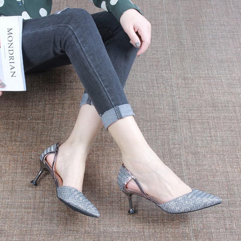 Spring Mid-heel High Heels Women's Shoes Pointed Toe Sexy Female Stiletto Hollow Sequin Party Shoes