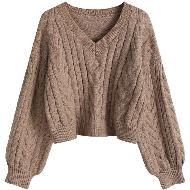 Women's V-neck Twist Sweater Loose Outer Wear 1PC Pullover Autumn and Winter Sweater Short Lazy Wind Top Long Sleeve Sweater