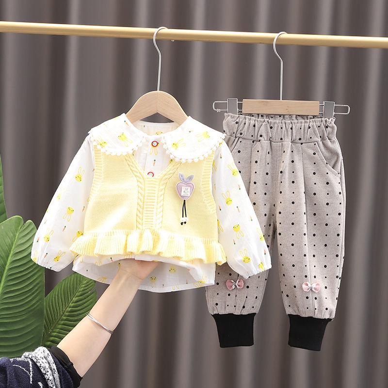 Female Baby Suit 0-4 Years Old Girl Korean Version of The Sweater Vest Three-piece Cute Spring and Autumn Long-sleeved Sets