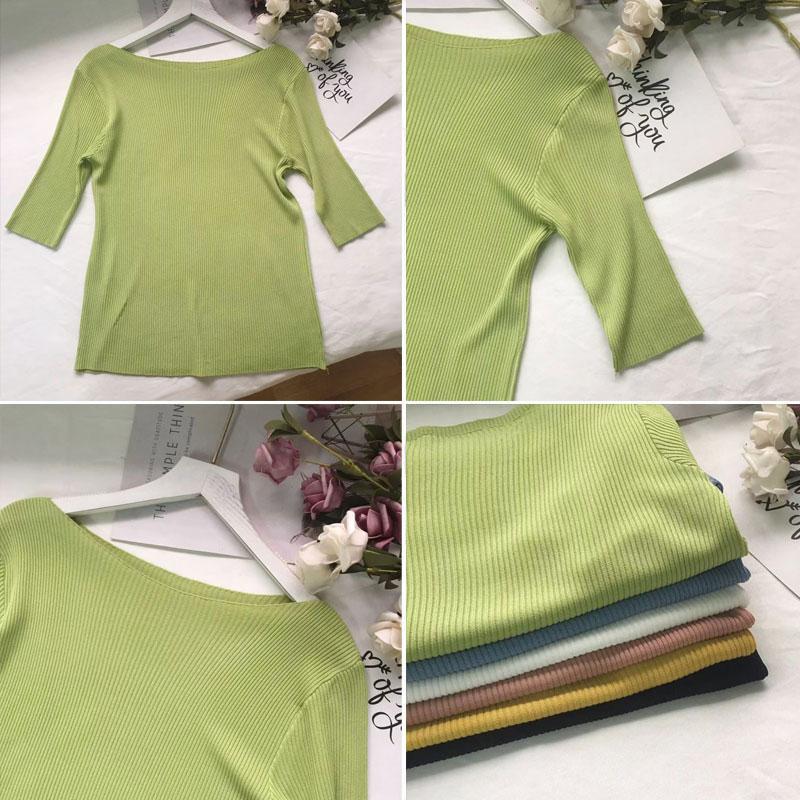 Women's Ice Silk Short-sleeved Summer One-word Collar Five point sleeve T-shirt Loose Middle-sleeved Korean Version All-match Bottoming Shirt Top