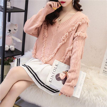 Sweater Women Red Loose Lazy Style V-neck Sweater Young Women Solid Color Fashion Top