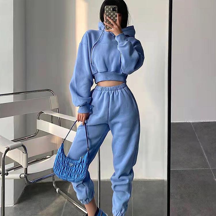 2PCS Tracksuits for Grils Hooded Short Pocket Fleece Sweater Korean Version High Waist Loose Leggings Sweatpants Suit Two-piece Set