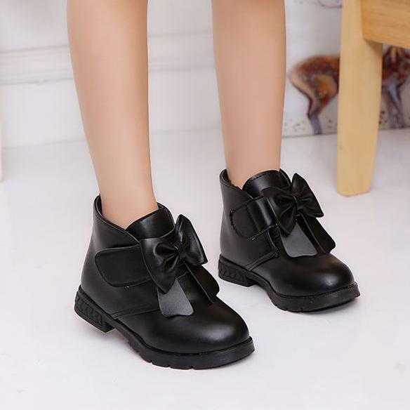 Children's Shoes In Autumn and Winter Soft Sole Non Slip Plush Cotton Boots Girls' Bowknit Solid Color Mid Top Snow Boots